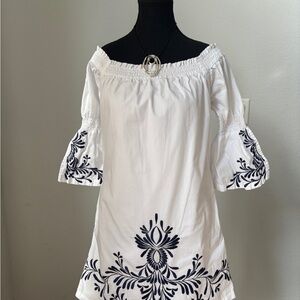 Union of Angels Small Off-Shoulder Dress with Navy Embroidery 3/4 Sleeve